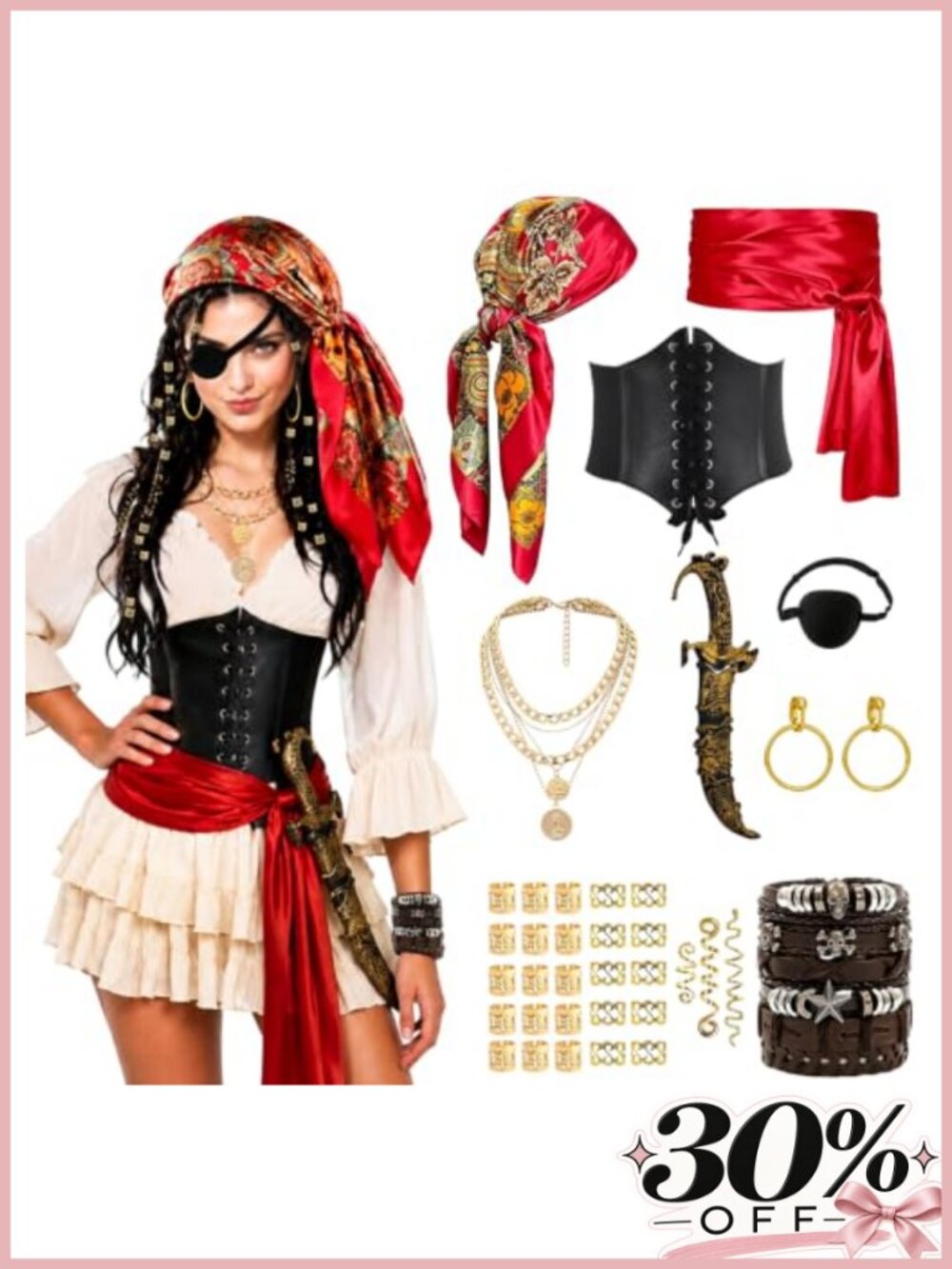 42 Pc Pirate Accessories Set Women Renaissance Costume Bandana Sash Eye Patch